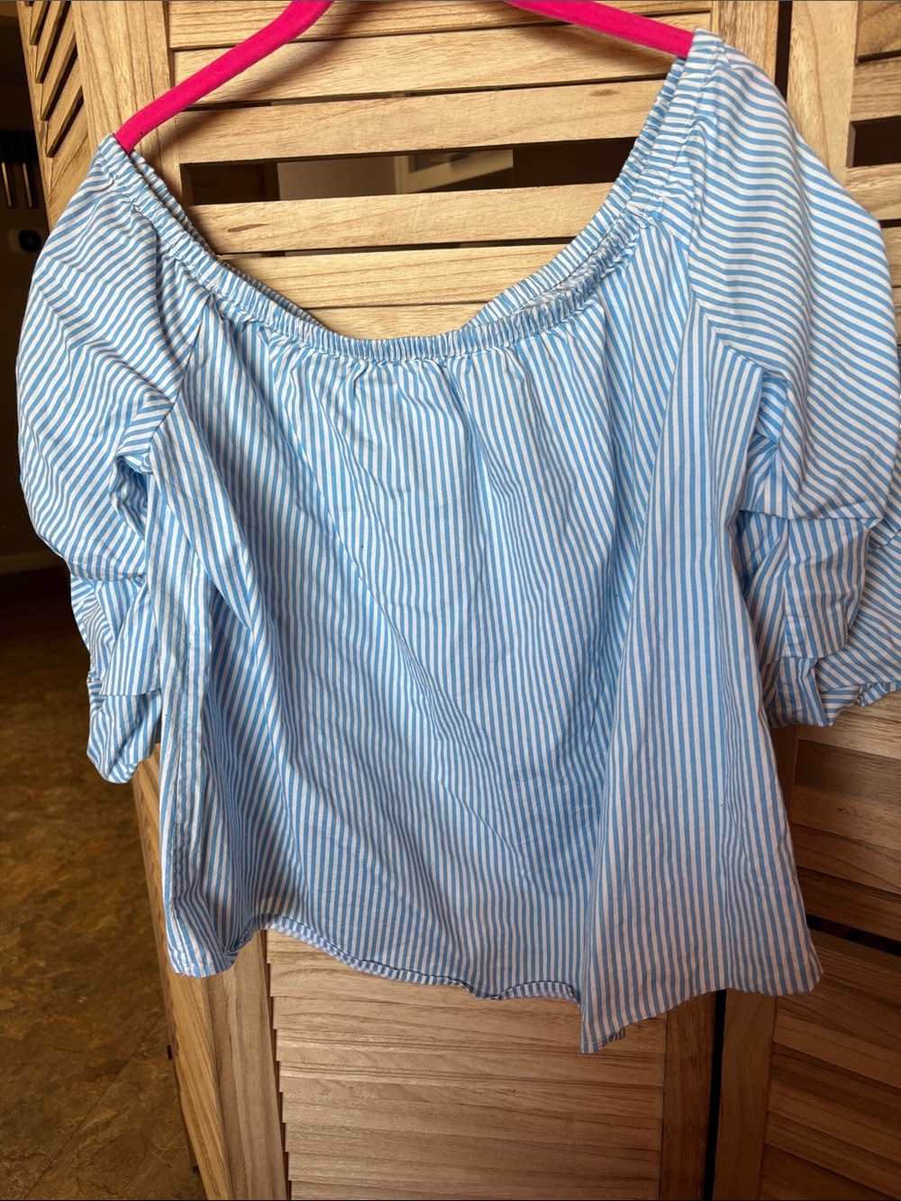 Ambiance Light Blue & White Striped Off-Shoulder Blouse 1X